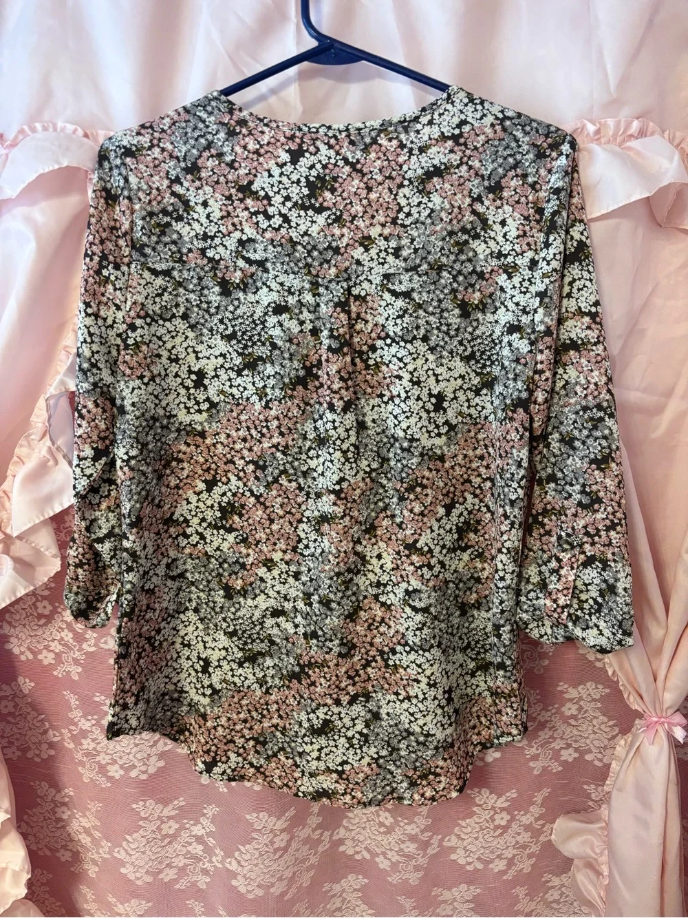Cocomo Black Pink Cream Floral Zip-Front Blouse - Picture 3 of 5